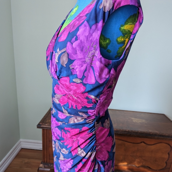 Ralph Lauren faux wrap dress blue with fuscia pink and cherry flowers. - Picture 2 of 10